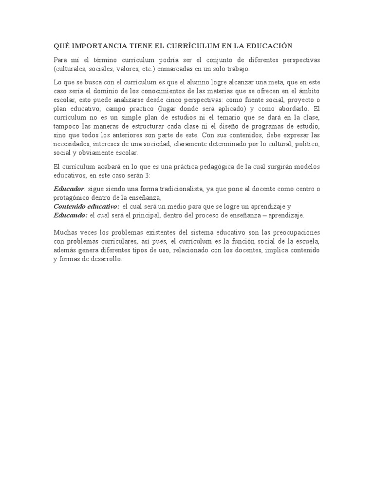 La Importancia Del Currículum en La Educación | PDF
