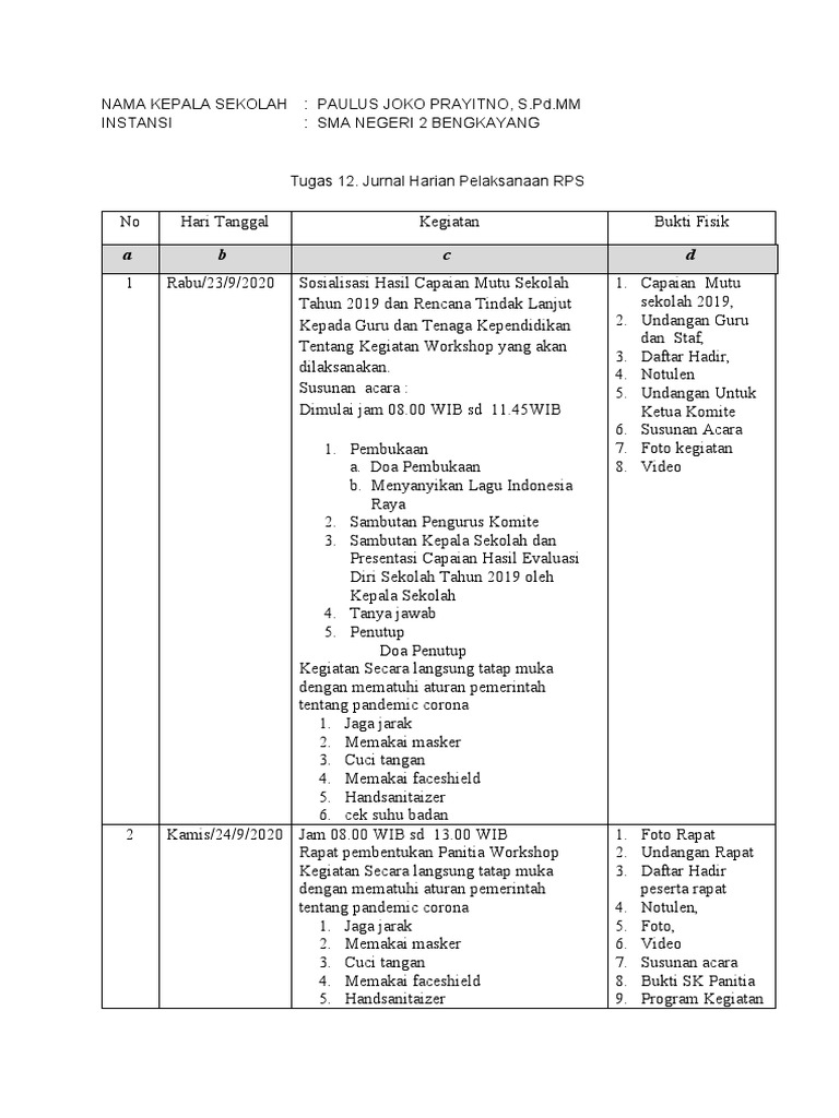 Tugas 12 Mencatat Jurnal Harian Pelaksanaan Rps Rev Docx