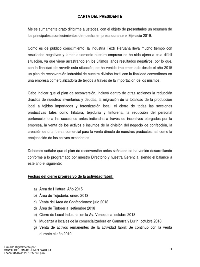 UNIVERSAL TEXTIL Memoria 2019 PDF | PDF | Business | Economias