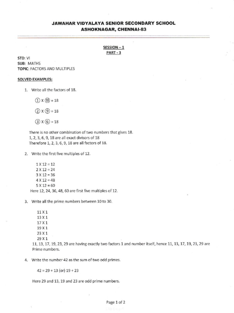 Factors and Multiples for Class VI | PDF | Teaching Methods & Materials