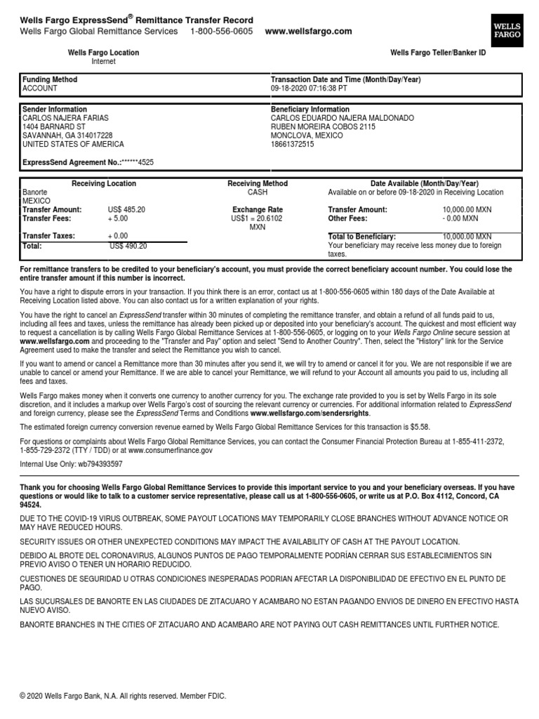 Wells Fargo Expresssend Remittance Transfer Record PDF Wells Fargo