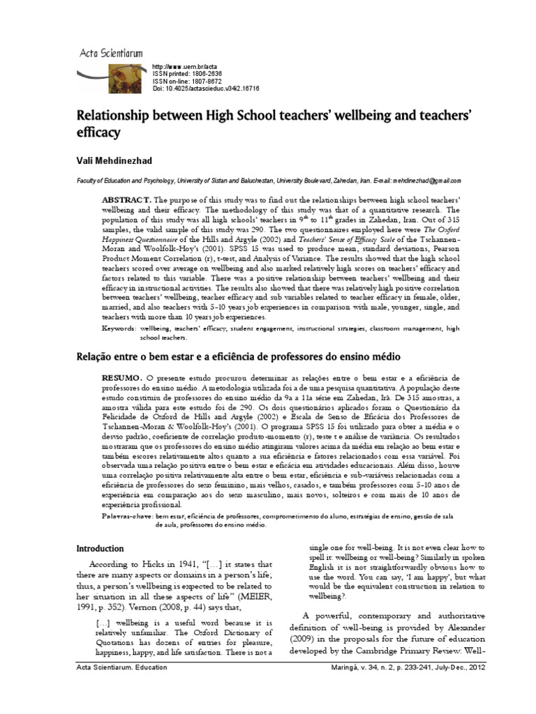 Teacher Wellbeing and Efficacy Study | PDF | Classroom Management ...
