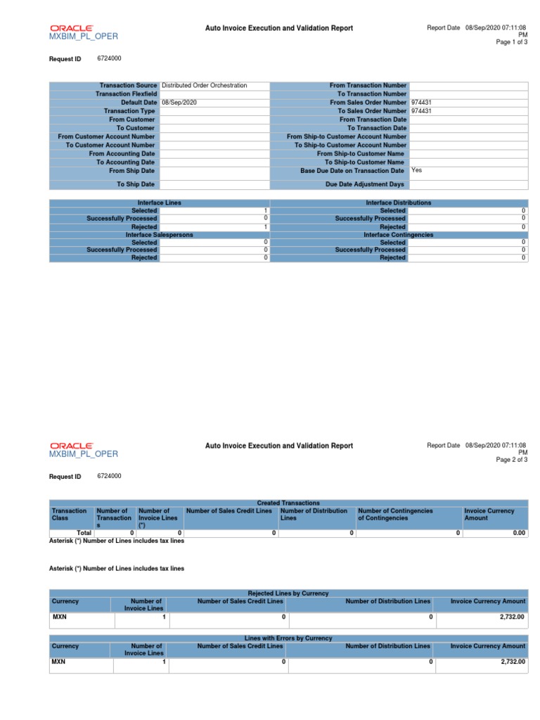 Auto Invoice Execution and Validation Report Detailing One Rejected