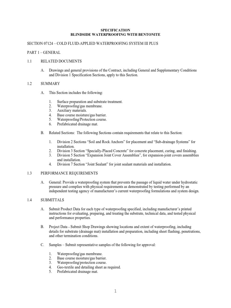 Specification Blindside Waterproofing With Bentonite | PDF | Concrete ...