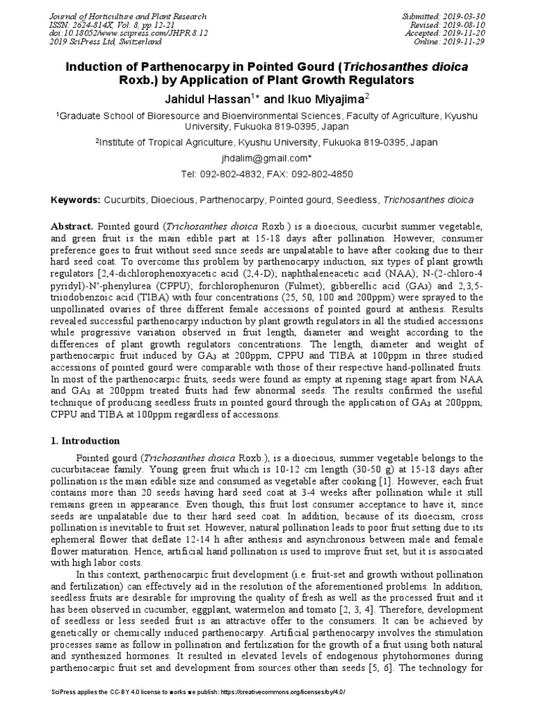 Parthenocarpy Induction in Pointed Gourd | PDF | Fruit | Auxin