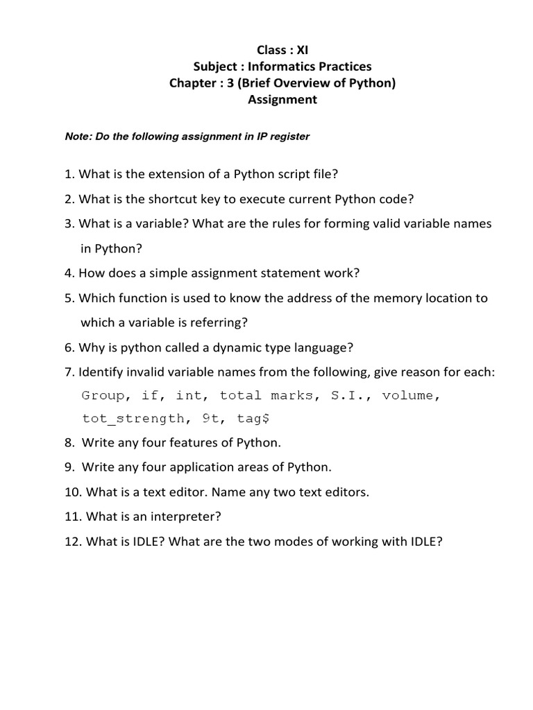 Class: XI Subject: Informatics Practices Chapter: 3 (Brief Overview of ...