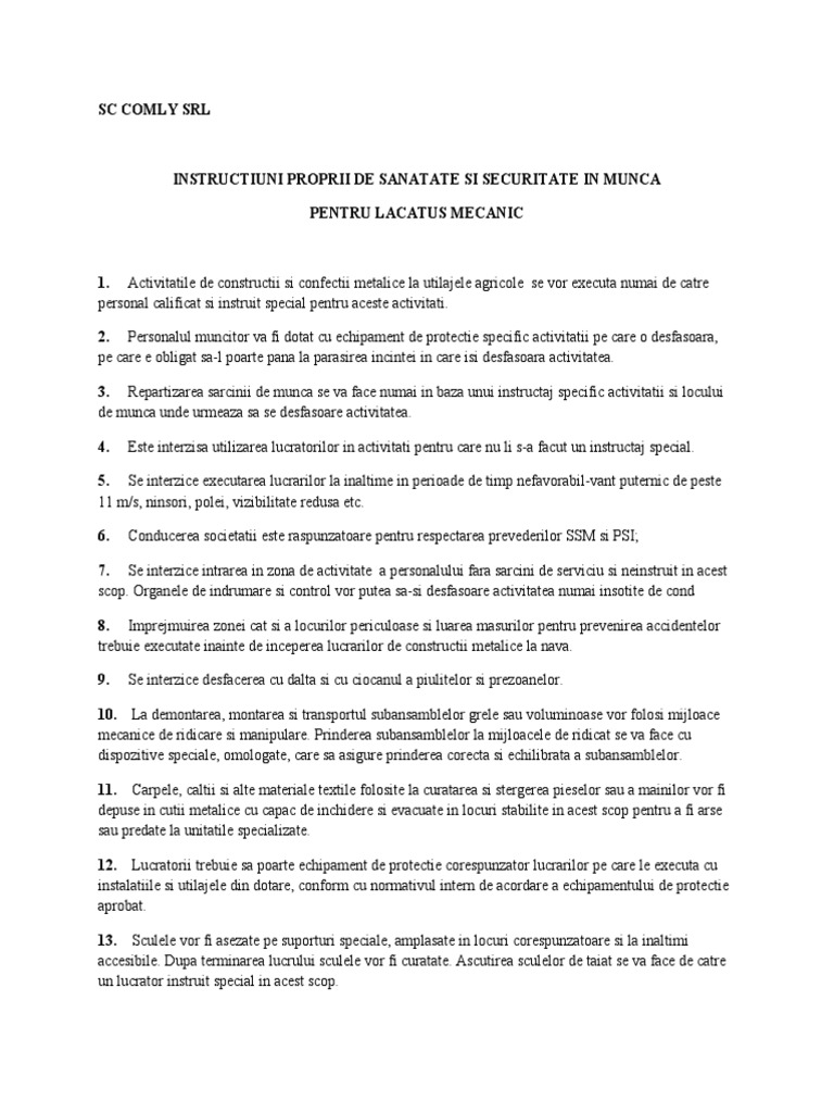 Instructiuni Proprii SSM Lacatus Mecanic | PDF