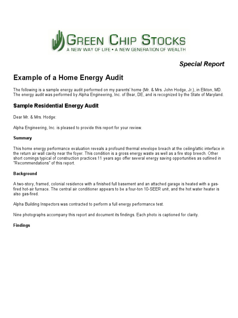 Example of A Home Energy Audit: Special Report | PDF | Compact ...