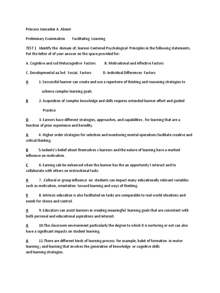 Learner-Centered Psychological Principles Exam | PDF | Metacognition ...