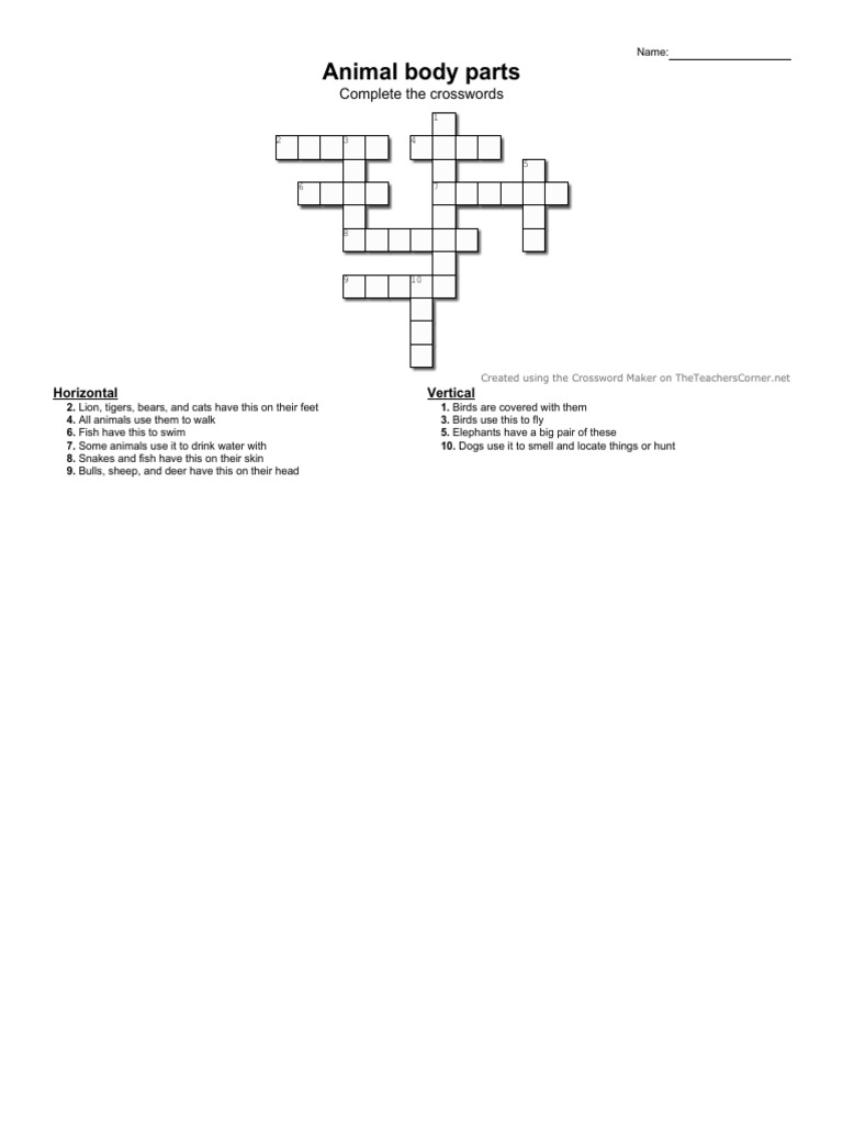 Animal Body Parts Crossword Puzzle A Document Providing Clues to