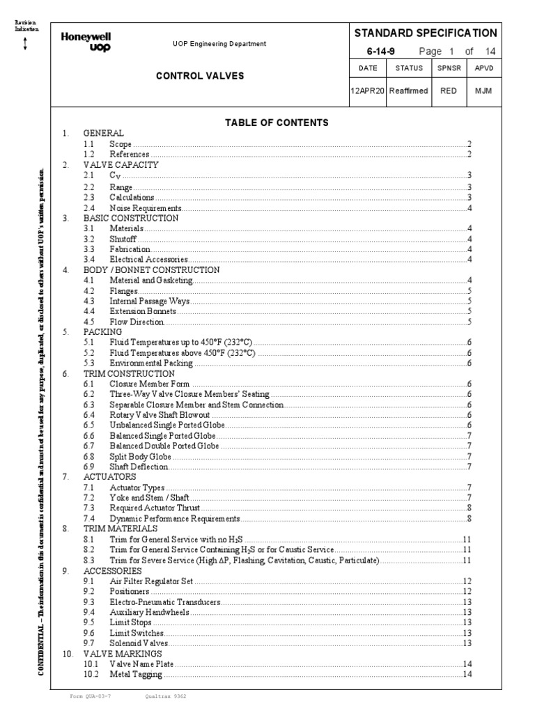 Control Valve Specifications Overview | PDF | Valve | Specification ...
