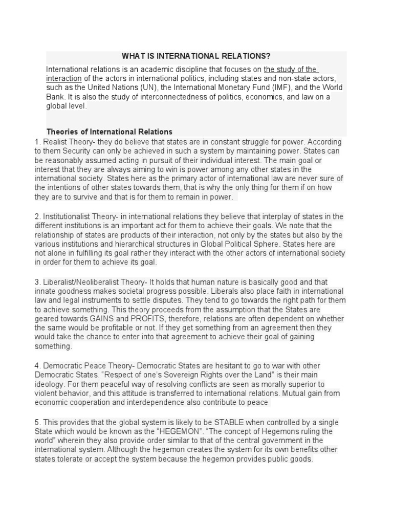 Overview of International Relations Theories | PDF | International ...
