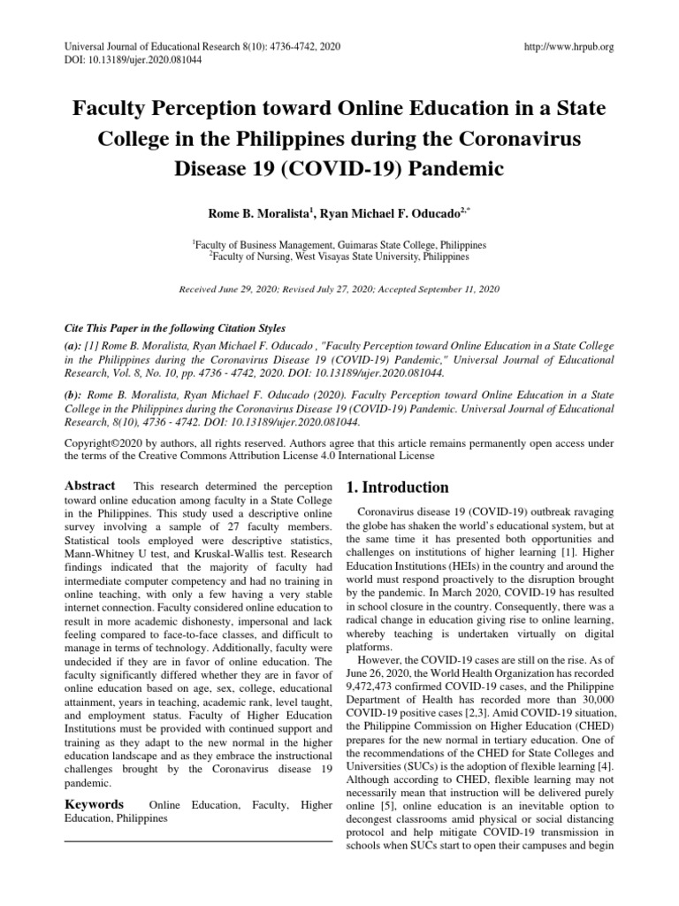 Faculty Perception Toward Online Education in A State College in The ...