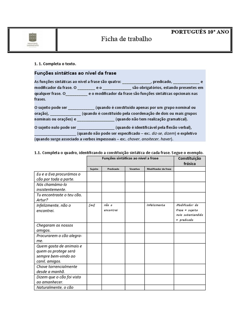 Ficha Apoio Funcoes Sintaticas, PDF, Assunto (gramática)