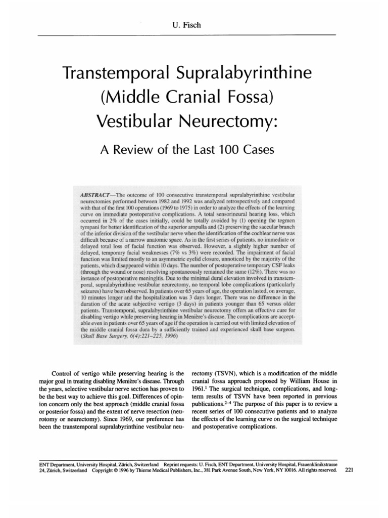 Supralabyrinthine (Middle Cranial Fossa) Vestibular Neurectomy | PDF ...