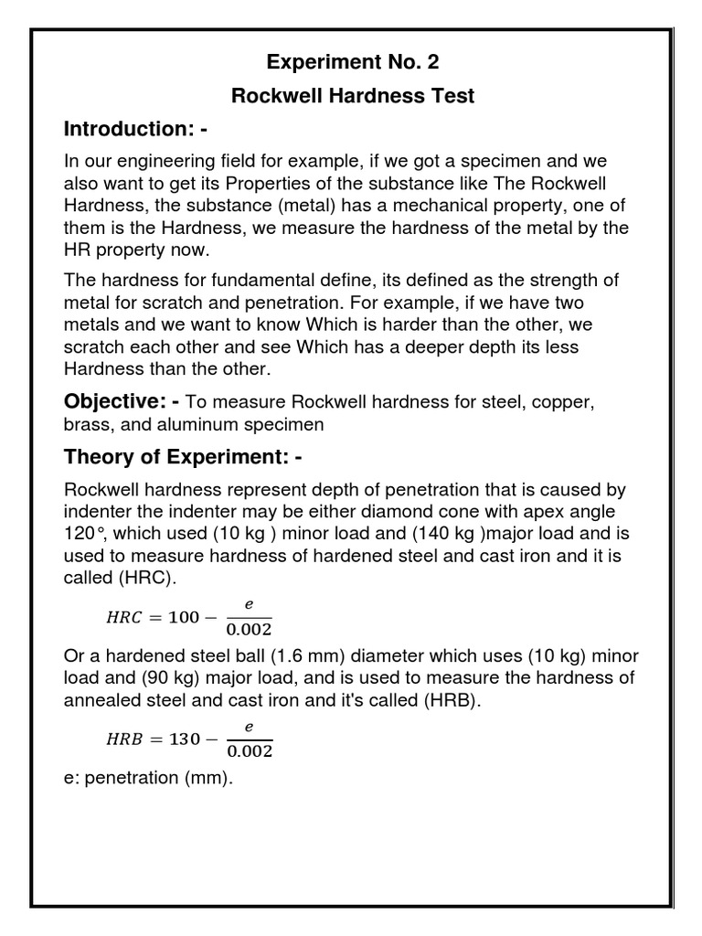 Experiment No. 2 Rockwell Hardness Test Introduction PDF Hardness