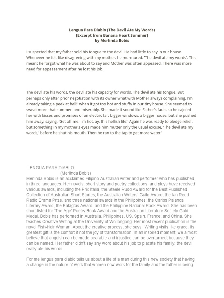 Lengua para Diablo (The Devil Ate My Words) (Excerpt From Banana Heart