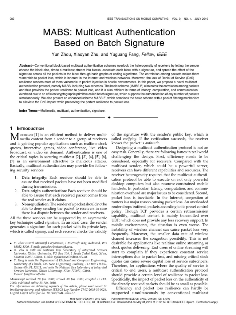 MABS Multicast Authentication Based On Batch Signature | PDF | Public ...