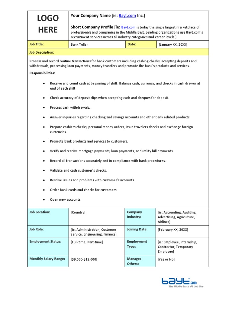 Bank Teller Job Description PDF Employment Cheque