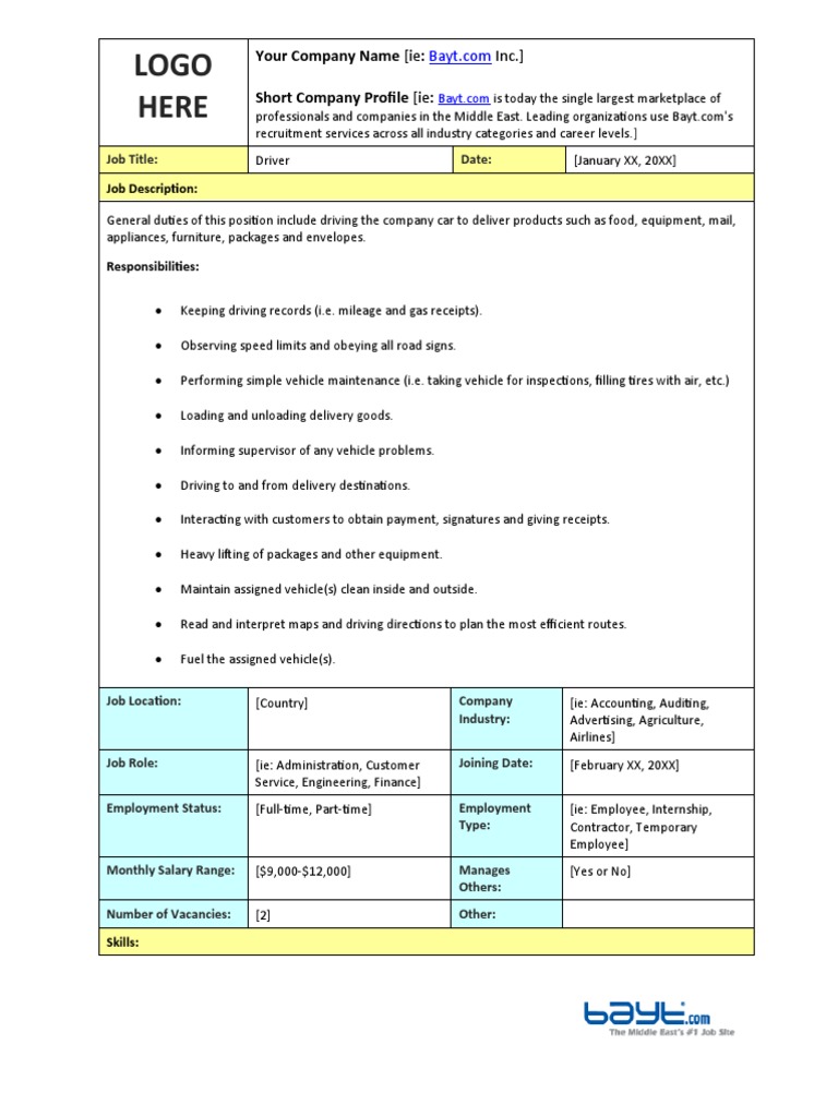 Driver Job Description and Responsibilities | PDF | Academic Degree ...