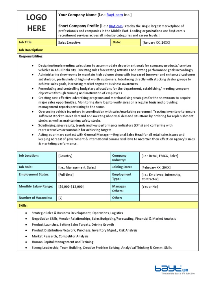 Sales Executive Job Description PDF Employment