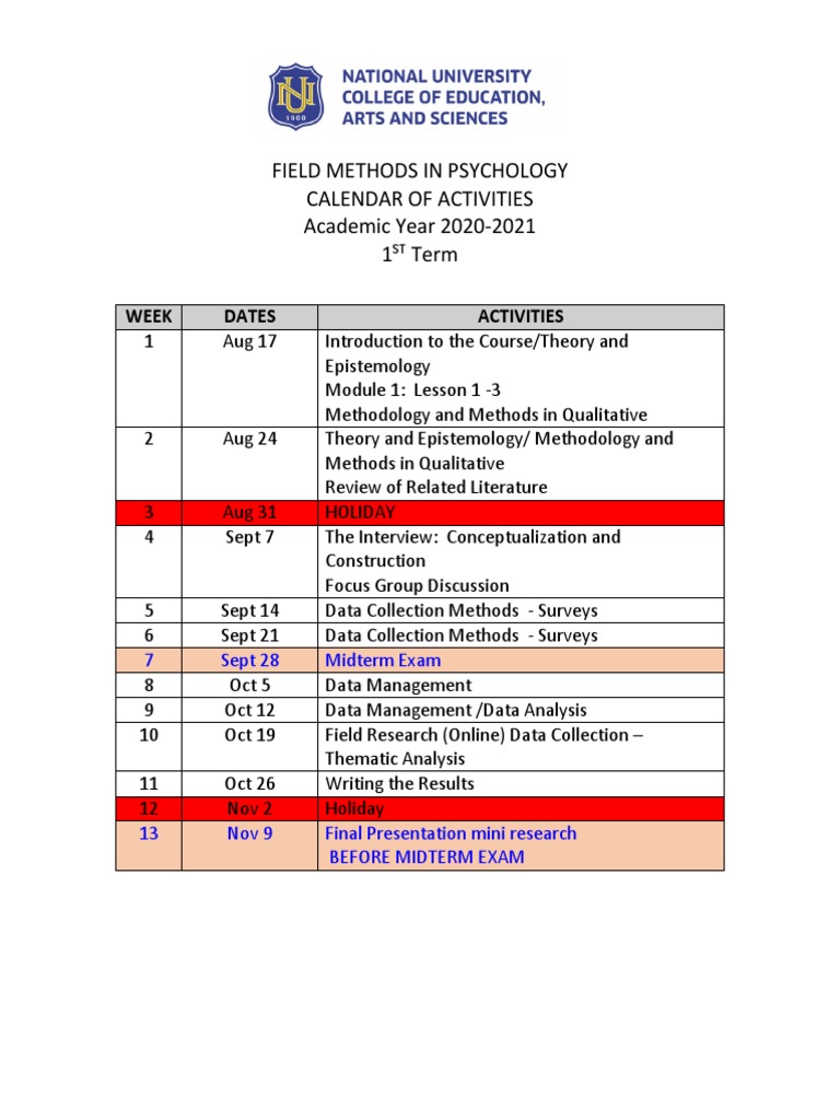 Field Methods Calendar of Activities | PDF