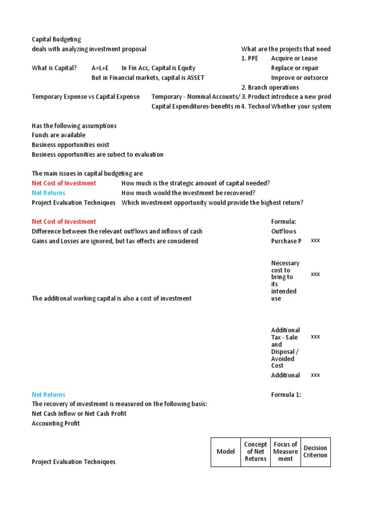 Capital Budgeting Notes Pdf Net Present Value Capital Budgeting