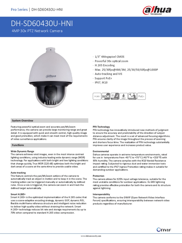 DH-SD60430U-HNI: 4MP 30x PTZ Network Camera | PDF | Camera | Video