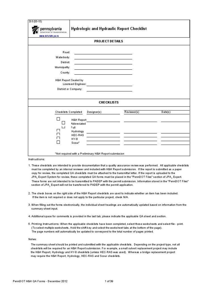 PennDOT H&H QA Forms A Comprehensive Checklist for Hydrologic and