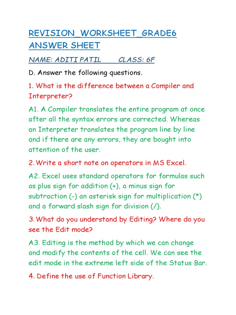 Grade 6 Revision Worksheet Answers | PDF | Internet Access ...