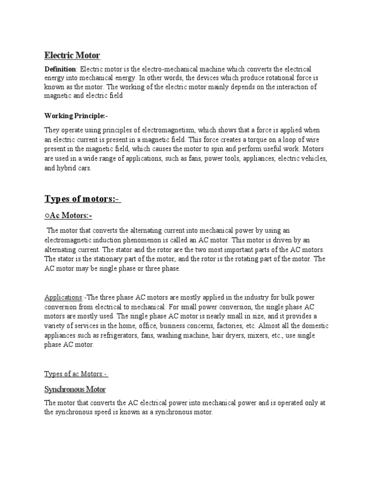 A Comprehensive Overview of Electric Motor Types, Their Working