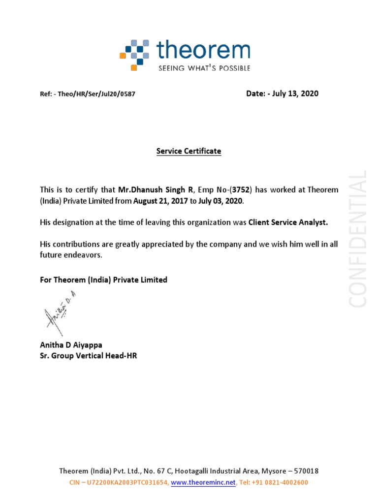 3752-Dhanush Singh R Experience Letter | PDF
