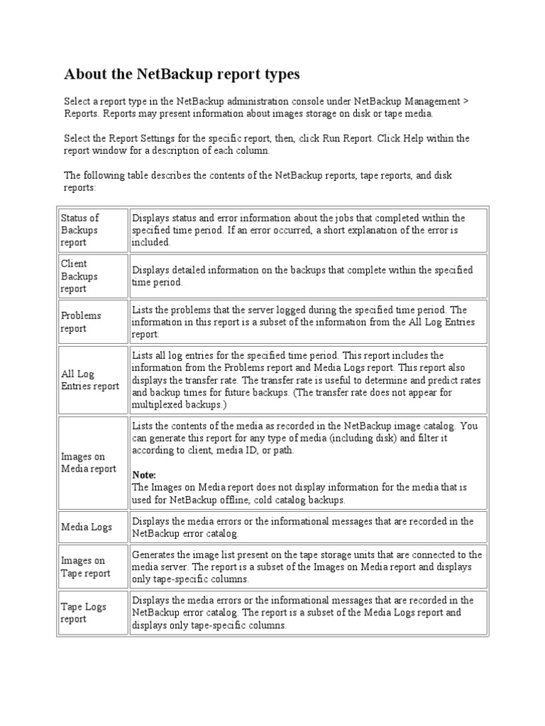 NetBackup Report Types Backup Disk Storage