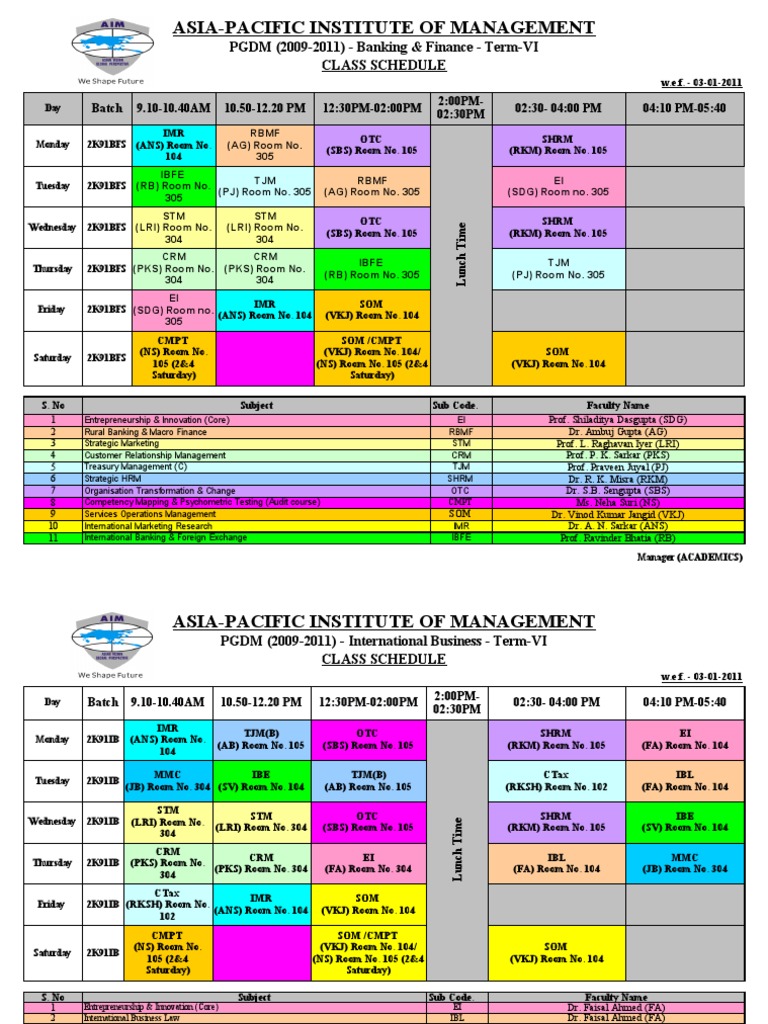 PGDM Class Schedule Term VI 2011 | PDF | Control (Social And Political ...