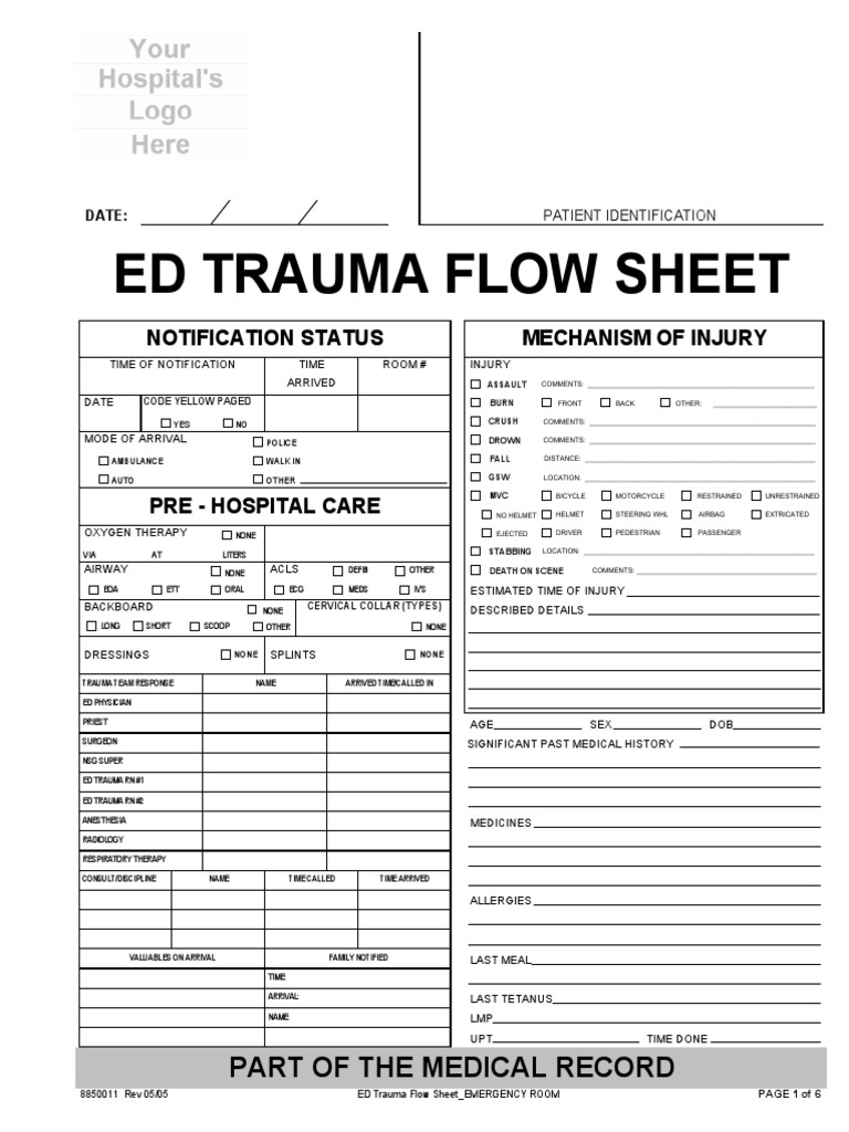 Ed Trauma Flow Sheet: Part of The Medical Record | PDF | Coma ...