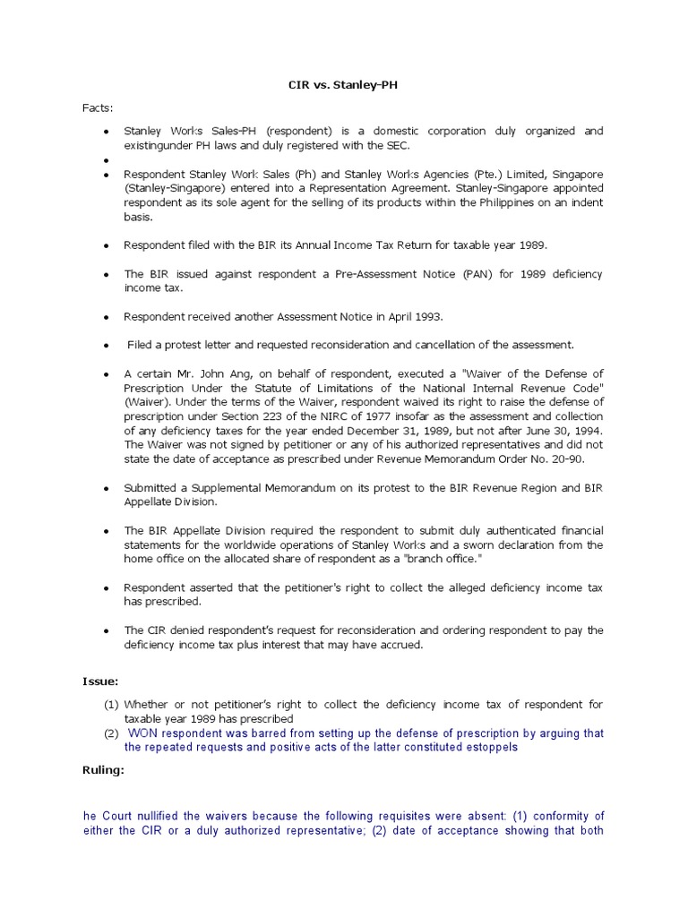 CIR Vs Stanley PH PDF Statute Of Limitations Tax