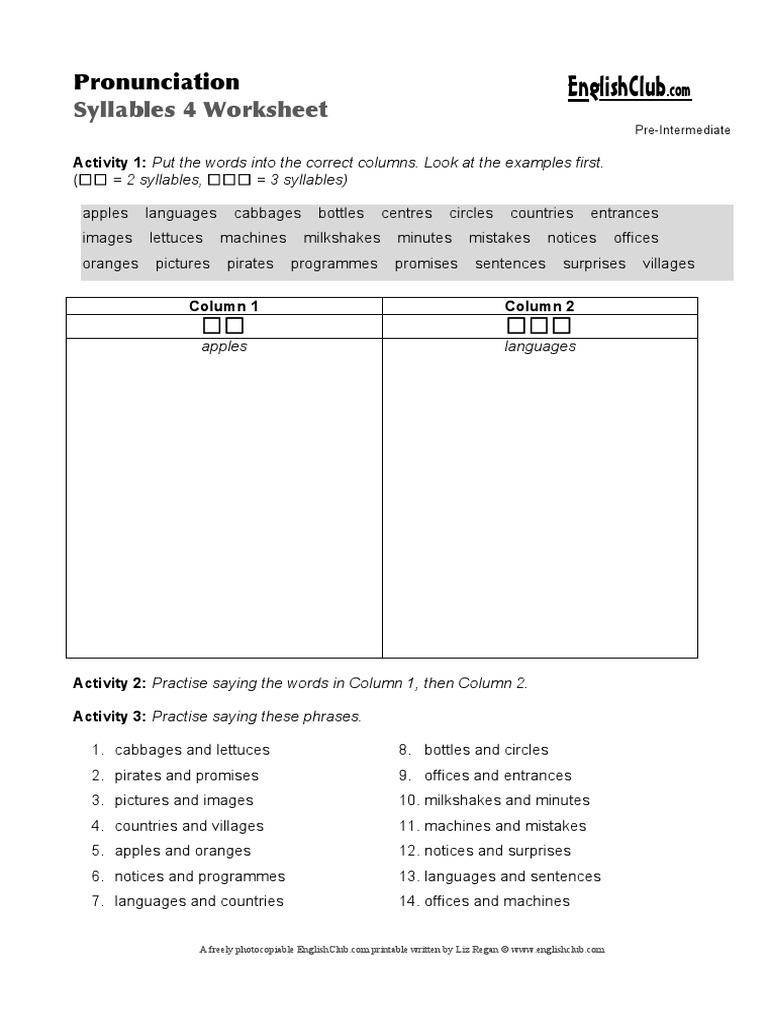 Pronunciation-Syllables Practice | PDF | Human Communication ...