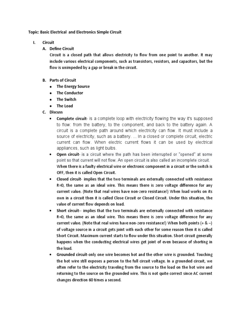 Topic: Basic Electrical and Electronics Simple Circuit I. Circuit A ...