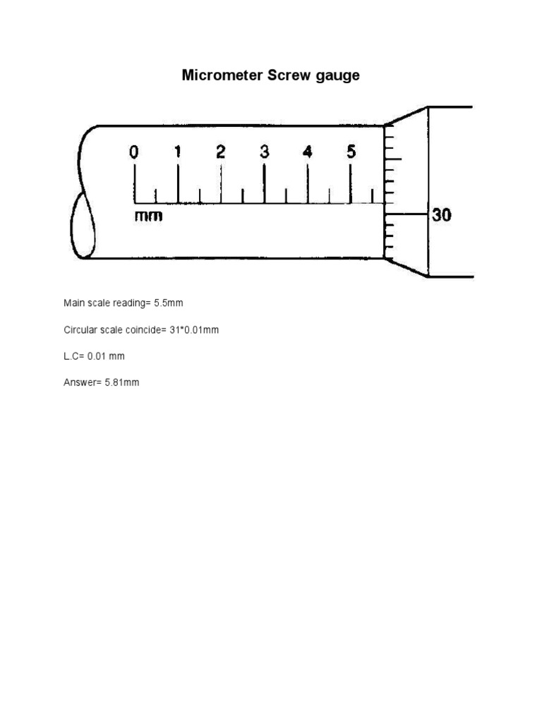 Micrometer Screw Gauge Main Scale Reading 5.5mm Circular Scale Coincide 31 0.01mm L.C 0.01 MM