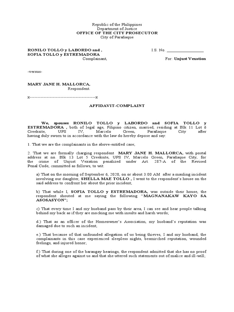 Complaint affidavit unjust vexation pdf affidavit government