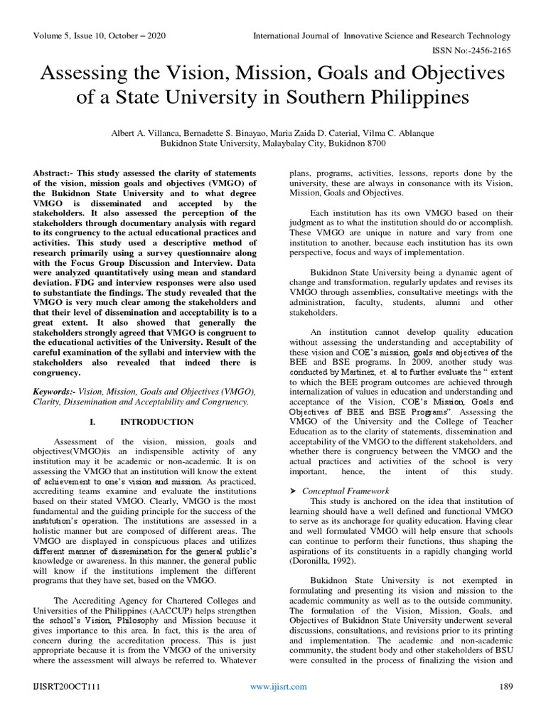 Assessing The Vision, Mission, Goals and Objectives of A State ...