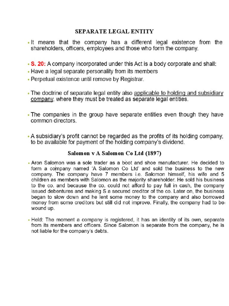 Separate Legal Entity PDF Piercing The Corporate Veil Subsidiary