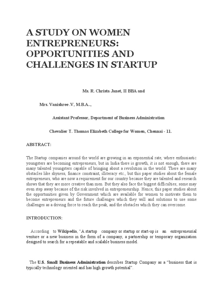 Women in Startups: Opportunities & Challenges | PDF | Startup Company ...
