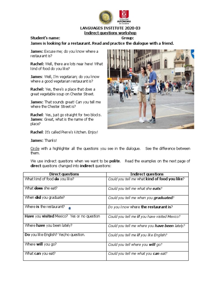 Indirect Questions Workshop PDF | PDF | Cakes | Food And Drink Preparation