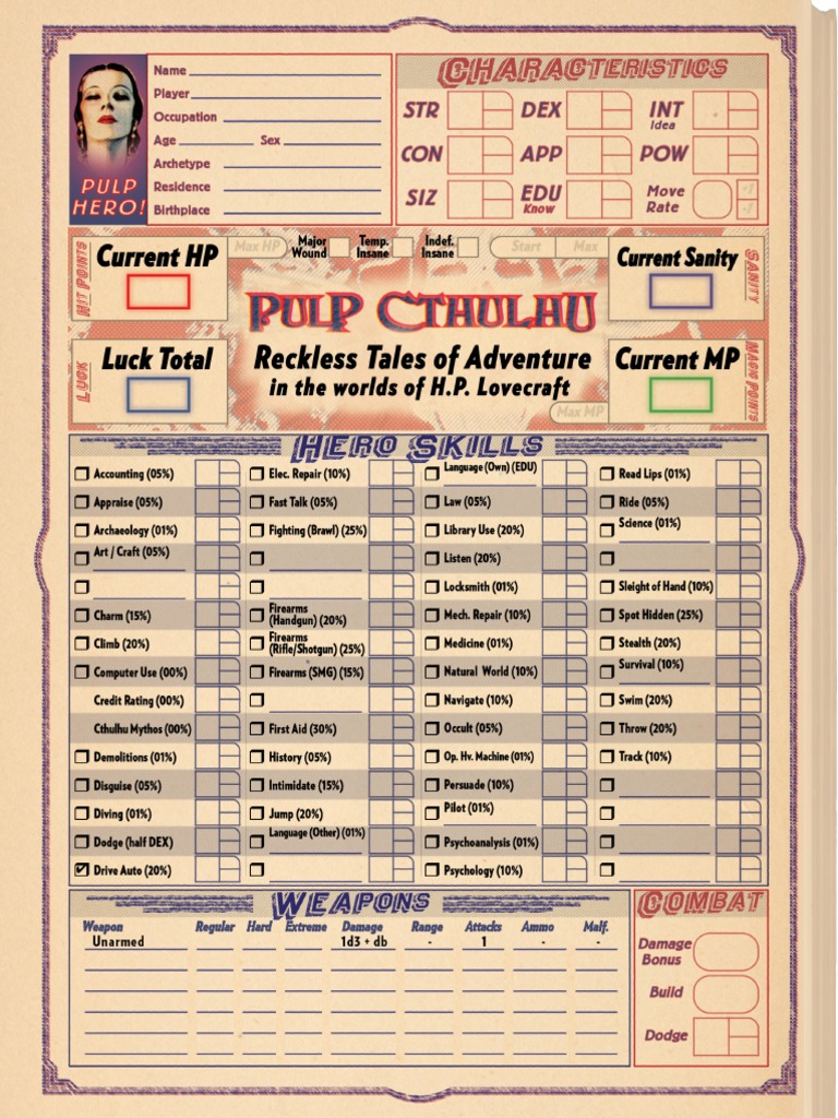 CHA23107 - Pulp Cthulhu - Character Sheet - Basic Autocalc PDF | PDF