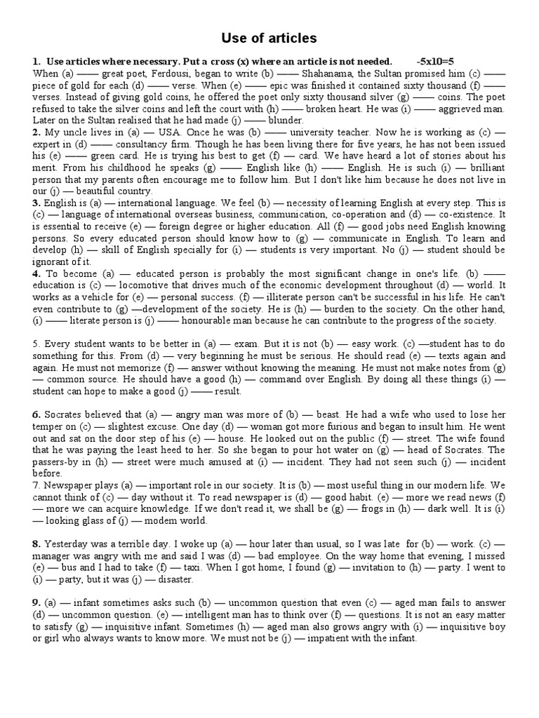 Article Usage Exercise Guide | PDF | Literacy