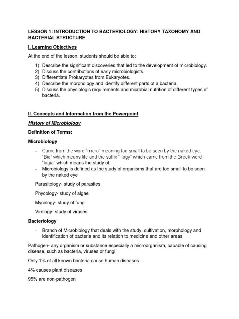 Lesson 1 Introduction To Bacteriology History Taxonomy and Bacterial ...