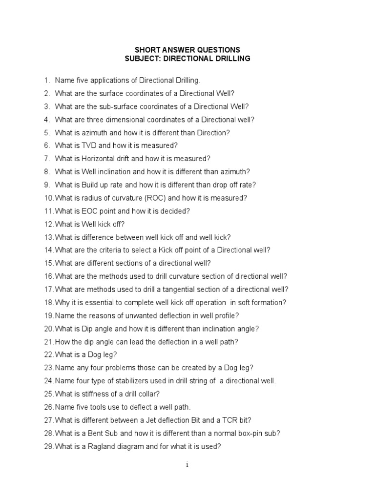 Directional Drilling Short Answer Questions 2016 PDF Drilling