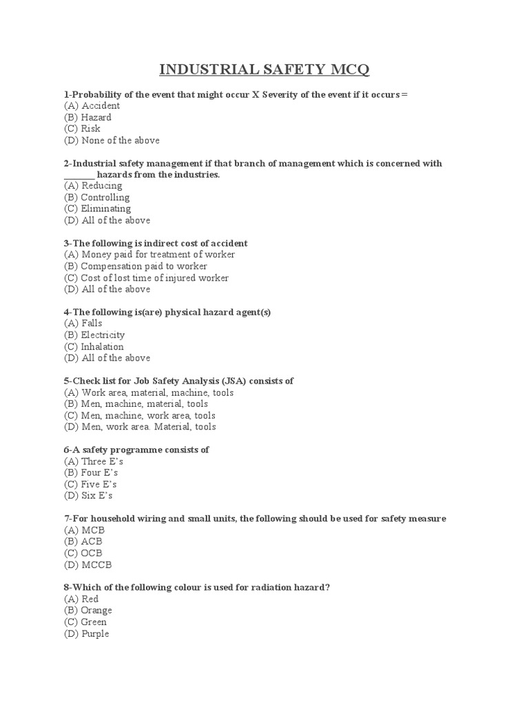 Industrial Safety MCQ PDF Fires Prevention