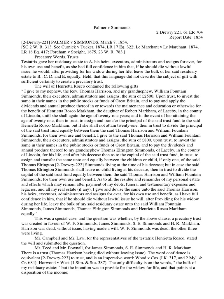 Palmer V Simonds (1854) PDF Trust Law Will And Testament
